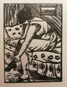 Vrouw die haar kousen aantrekt, houtsnede, uit Galerie Barbery (Parijs) door Gaspard Maillol
